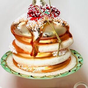 Festive Pancakes Glass Christmas Ornament Strawberries Syrup Sugar Whipped Cream